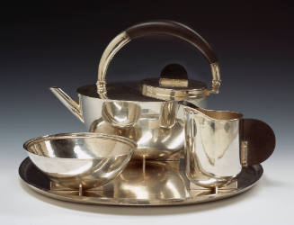 Tea Service: Tea Infuser (Pot), Creamer, Sugar Bowl, and Tray