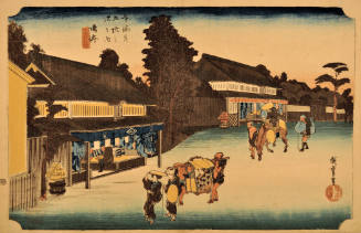 Arimatsu Tie-dyed Fabrics, a Famous Product of Narumi (鳴海 名物有松絞, Narumi, meibutsu Arimatsu-shibori), no. 41 from the series Fifty-Three Stations of the Tokkaido Road (東海道五十三次之内)