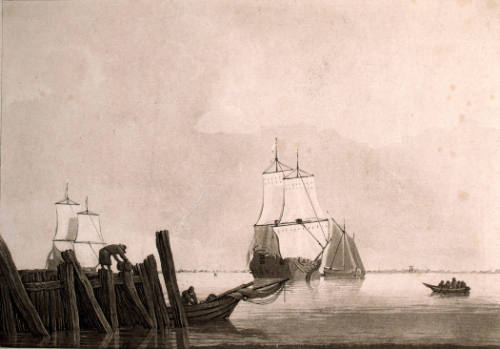 Three Ships and other Boats on a Wharf (after Willem van de Velde)