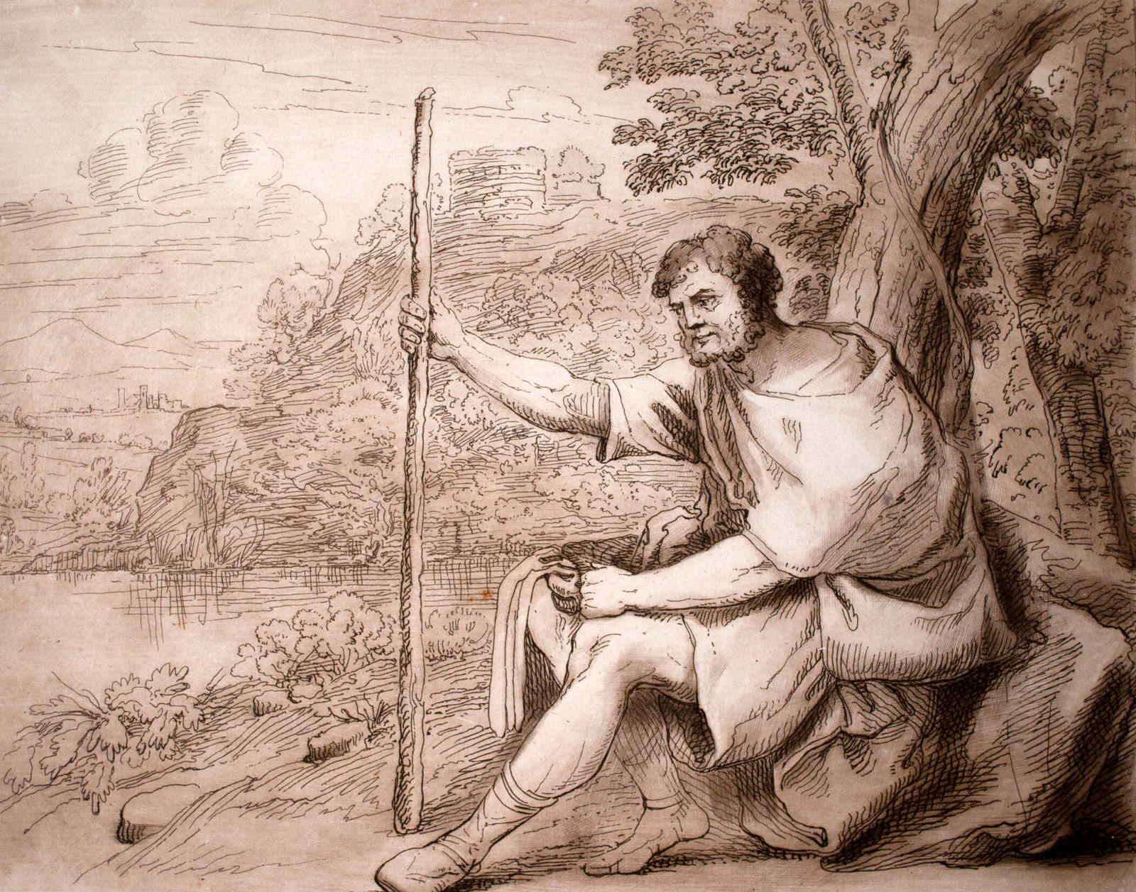 Seated Man with Staff in Landscape