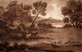 Sunset Landscape with a Stream and Cattle