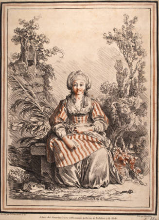 Woman Wearing a Striped Tunic, Seated in a Landscape, No. 384  (after drawing by Jean-Baptiste Le Prince)