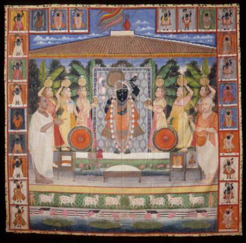 Two Priests and Six Village Milkmaids (Gopis) Pay Homage to an Image of Krishna as Sri-Nath-ji