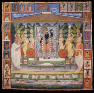 Two Priests and Six Village Milkmaids (Gopis) Pay Homage to an Image of Krishna as Sri-Nath-ji