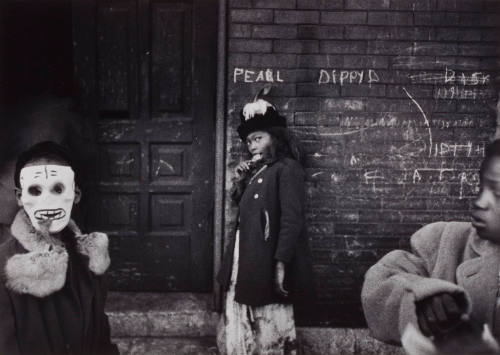 Chicago, Halloween (Three children, left w/mask, center w/feathered hat, right w/jacket)