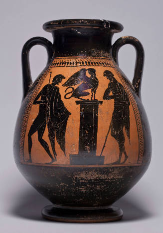 Black-Figure Pelike: Two Visitors to the Sphinx (Oedipus Confronting the Theban Sphinx?) (obverse), Hermes Playing the Flute to two Satyrs (reverse)