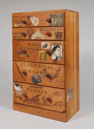 Commercial wooden chest of drawers: decorated by HCW with texts, decals, photo of JBW, etc.