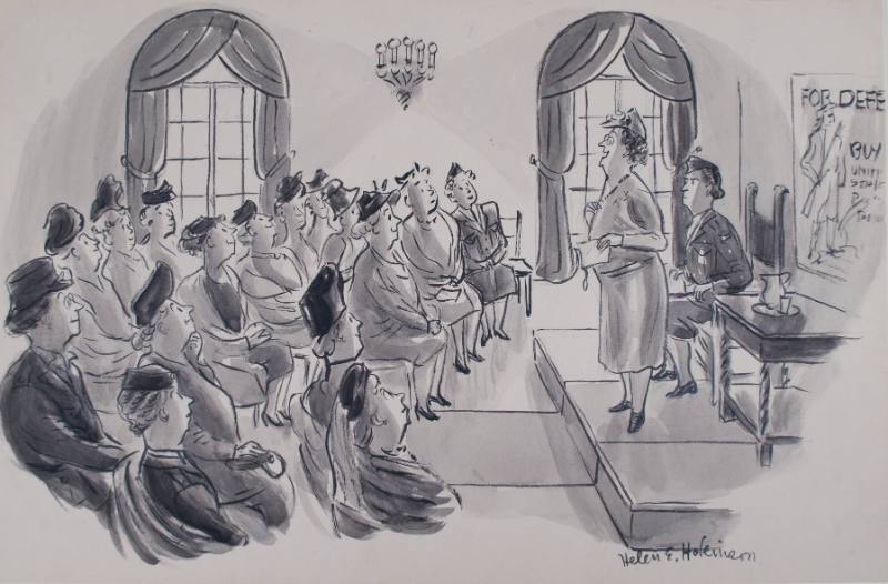 Comic Illustration of a Woman's Meeting for a War Effort