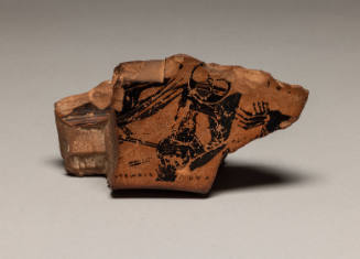 Black-Figure Dinos Rim Fragment: Ivy Leaves, Chariot Race, Warriors, Part of a Warship