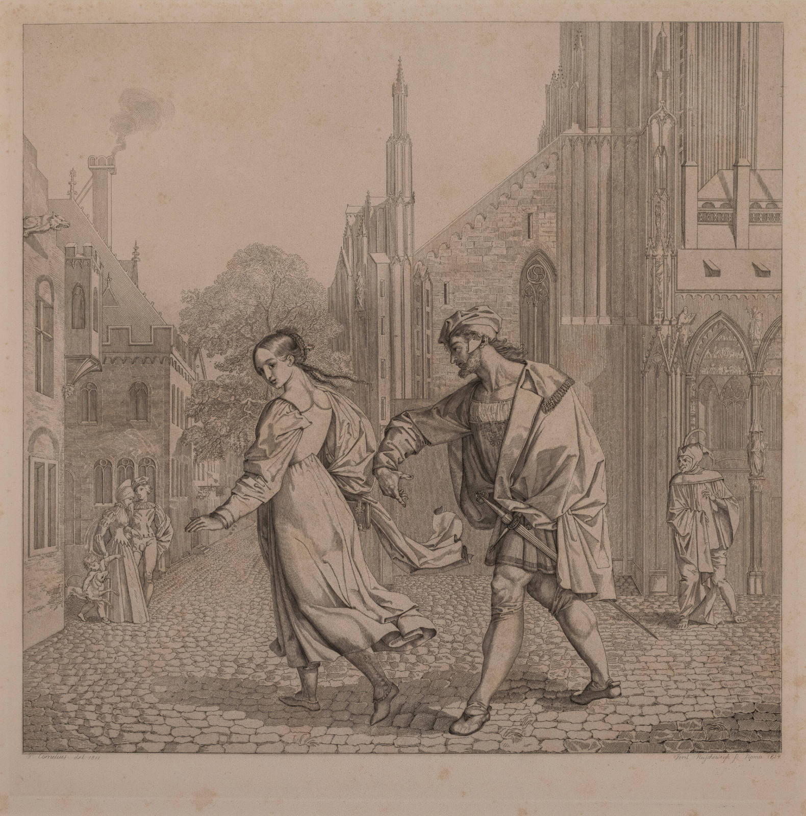 Twelve Illustrations to Goethe's Faust by Peter Cornelius (Bilder zu Goethe's Faust von P. Cornelius): Plate V, Scene of the Departure from Church (Scene am Ausgang der Kirche)