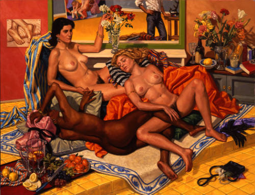 Three Female Nudes on a White and Blue Rug