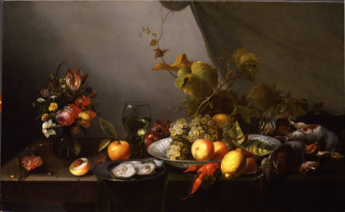 Still Life with Fruit and Flowers on a Draped Ledge
