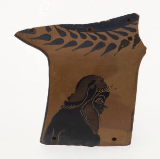 Black-Figure Nikosthenic Amphora Handle Fragment: Satyr's Head with Border Design on Fragment