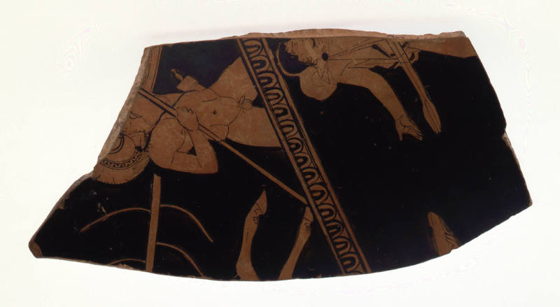 Red Figure Two Banded Calyx-Krater Fragment: Battle of Kaineus and Centaur (upper register), Departure of a Youth (lower registrar)