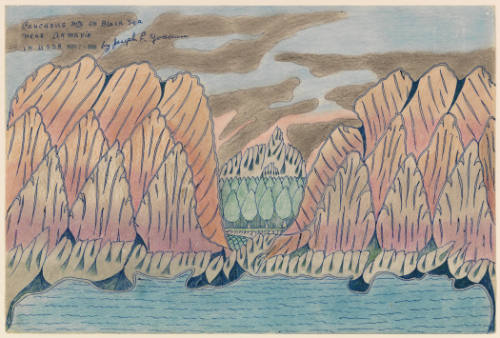 Coloured drawing of mountains and sea.