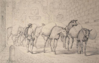 Muleteer and Boy Driving Five Laden Mules Through a Roman Street