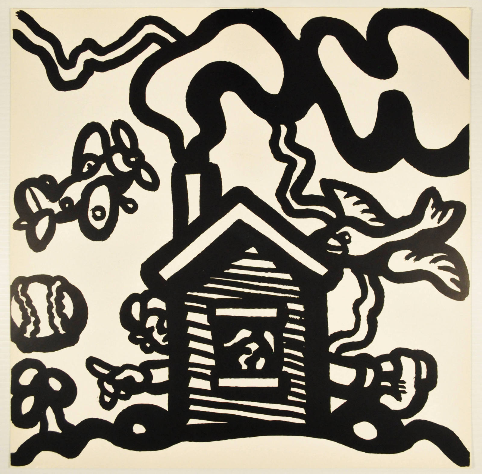 Untitled (thick black outlined cabin with smoke, person, plane, tree,...)