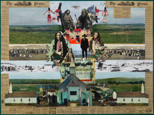 Mixed-media collage showing a landscape interrupted by portraits of Native American leaders, fragments of historical newspapers, and other historical and contemporary media.