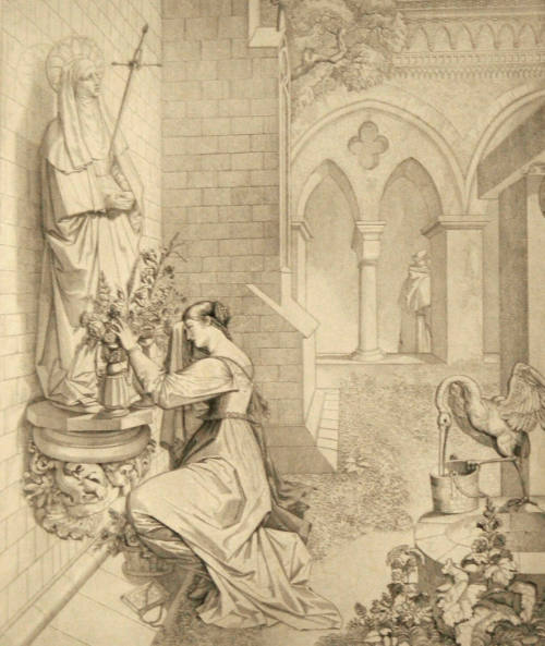 Twelve Illustrations to Goethe's Faust by Peter Cornelius (Bilder zu Goethe's Faust von P. Cornelius): Plate VII, Gretchen Before a Statue of the Mater Dolorosa (Gretchen vor der Mater Dolorosa)