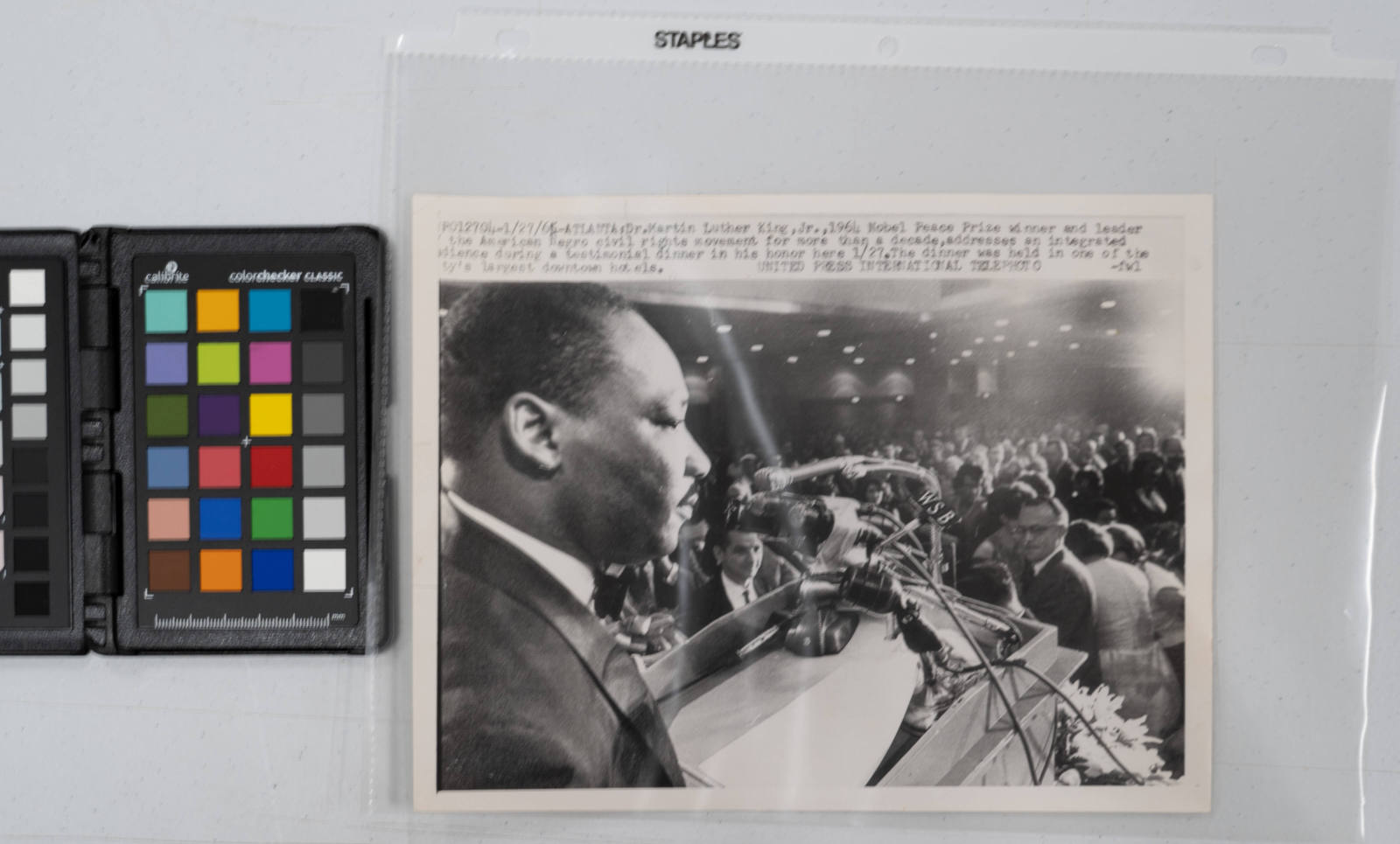 Dr. Martin Luther King, Jr., 1964 Nobel Peace Prize winner and leader of the American Negro civil rights movement for more than a decade, addresses an integrated audience during a testimonial dinner in his honor here January 27. The dinner was held in one of the city's largest downtown hotels, January 27, 1965