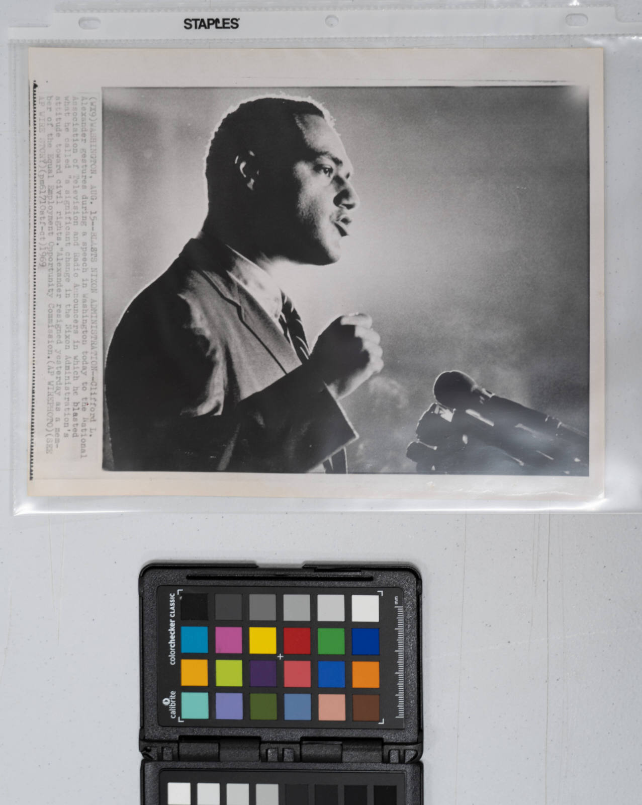 Blasts Nixon Administration: Clifford L. Alexander gestures during a speech in Washington today to the National Association of Television and Radio Announcers in which he blasted what he called "a significant change in the Nixon Administration's attitude toward Civil Rights." Alexander resigned yesterday as a member of the Equal Employment Opportunity Commission, Washington, D.C., August 15, 1969