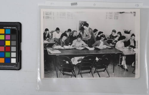 Class in Church: In Little Rock yesterday, this class met in the Westover Hills Presbyterian Church, as one of several interim high schools opened by churches while the public schools are closed by opponents of integration. The special schools are designed to prevent pupils' falling behind, October 14, 1958