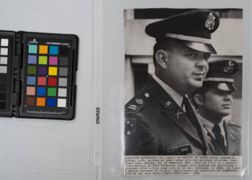 Kotouc To Court: Captain Eugene M. Kotouc, left, arrives at court with his military attorney, Captain James Lane. Kotouc, 37, of Humboldt, Nebraska went on trial in a general court-martial at Fort McPherson, Georgia April 26th, 1971 charged with maiming and assaulting a prisoner after a U.S. Army raid on My Lai Vietnam, in 1968. He faces a maximum sentence of 10-years imprisonment if convicted