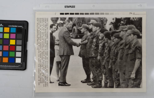 Farewell Appearance: Under the watchful gaze of South Vietnamese Vice President Nguyen Cao Ky, left, Vice President Spiro Agnew shakes hands with Air Force Captain Palmer G. Arnold of Roswell, New Mexico, Agnew handed out medals to U.S. and South Vietnamese servicemen Friday before departing Saigon for an unscheduled stopover in Phnom Penh, Cambodia. Captain Arnold received the silver star, August 28, 1970