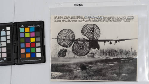 A U.S. Air Force C-130 drops supplies on a remote airstrip in South Vietnam. Parachute extraction of cargo permits the large C-130 to deliver supplies to bases where runways can only handle small, light aircraft, and reduces the plane’s exposure to hostile ground fire, February 18, 1969