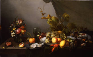Still Life with Fruit and Flowers on a Draped Ledge